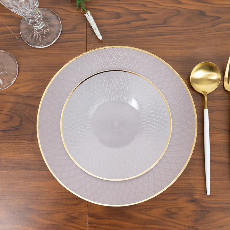 20 Round Plastic Salad Dinner Plates with Diamond Cut Pattern and Gold Rim