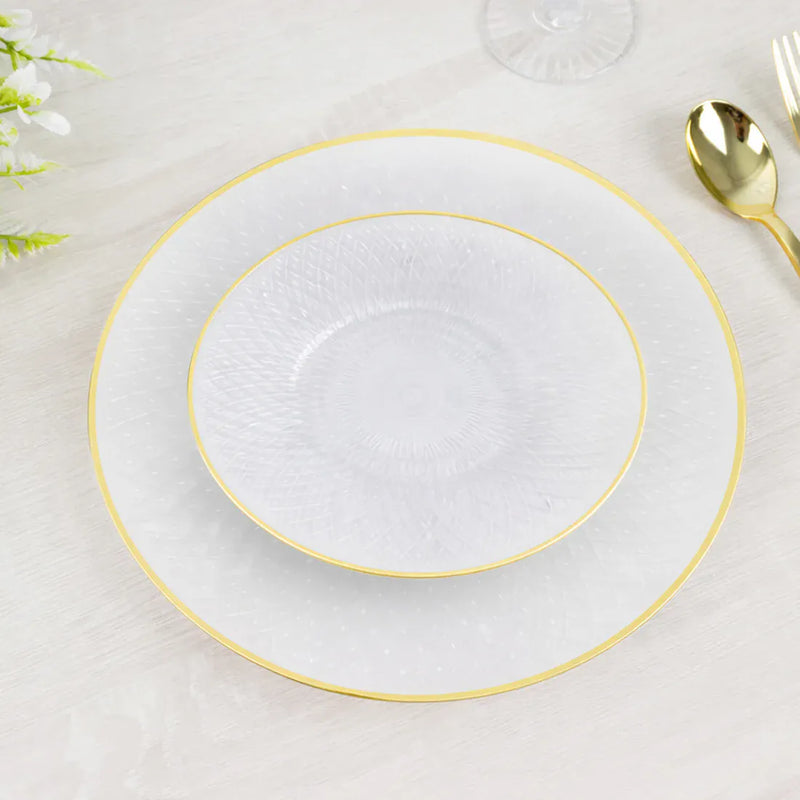 20 Round Plastic Salad Dinner Plates with Diamond Cut Pattern and Gold Rim