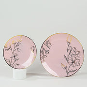 20 Round Plastic Salad Dinner Plates with Gold Floral Design - Disposable Tableware