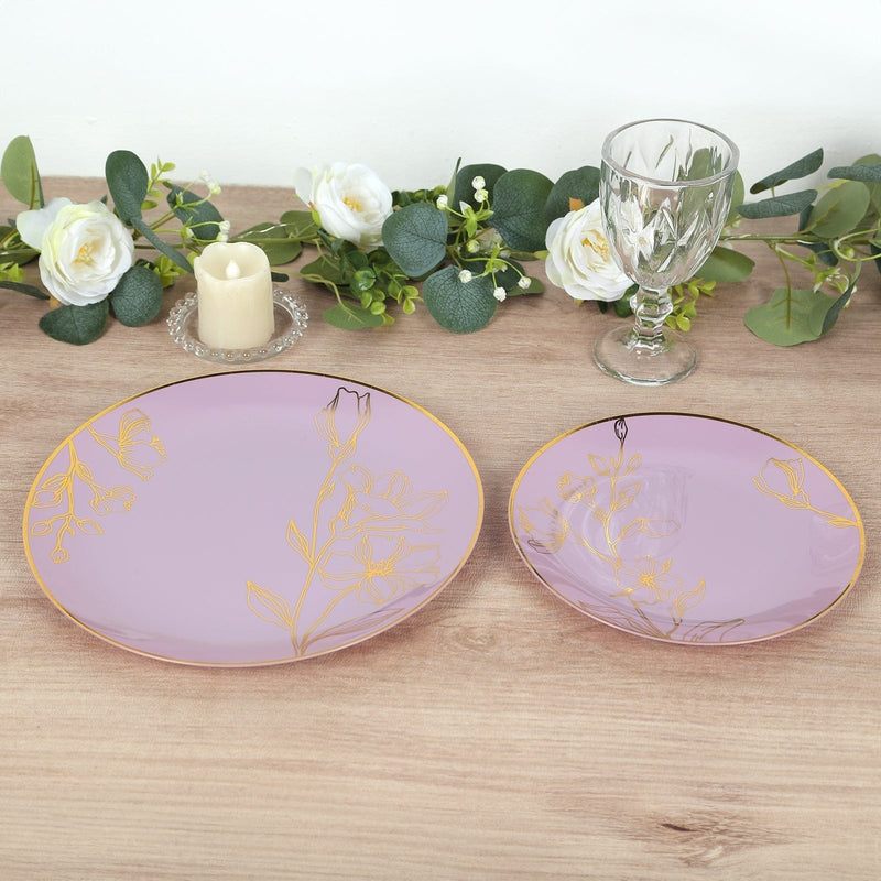 20 Round Plastic Salad Dinner Plates with Gold Floral Design - Disposable Tableware