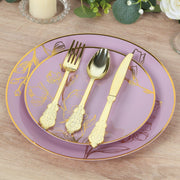 20 Round Plastic Salad Dinner Plates with Gold Floral Design - Disposable Tableware