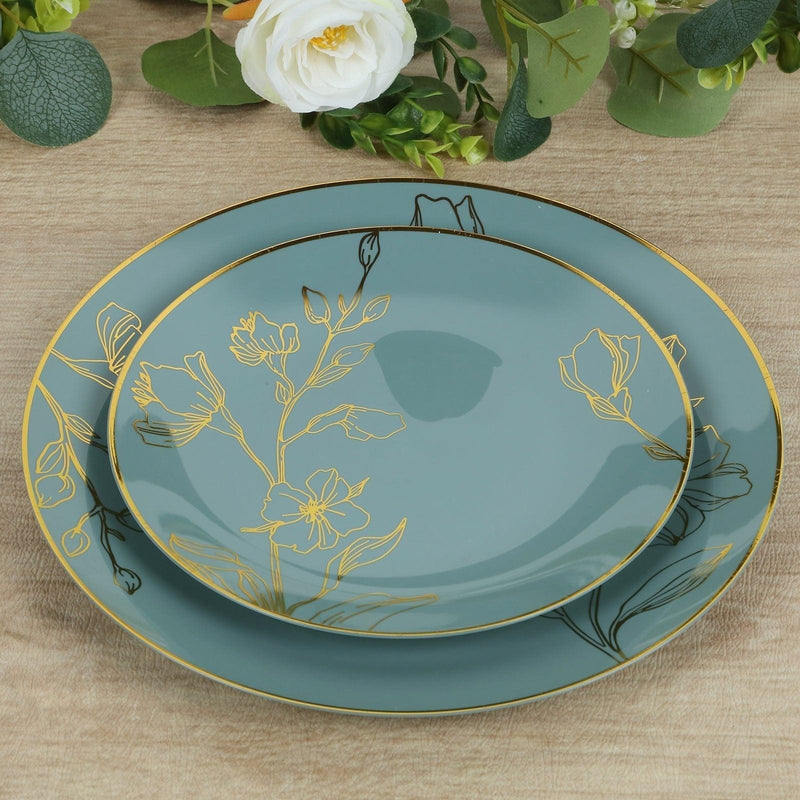 20 Round Plastic Salad Dinner Plates with Gold Floral Design - Disposable Tableware