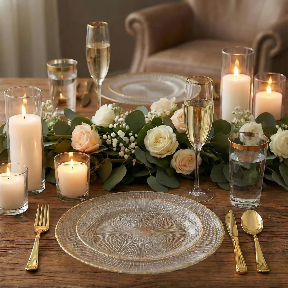 20 Round Plastic Salad Dinner Plates with Ribbed Pattern and Gold Rim - Clear