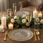 20 Round Plastic Salad Dinner Plates with Ribbed Pattern and Gold Rim - Clear