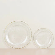 20 Round Plastic Salad Dinner Plates with Ribbed Pattern and Gold Rim - Clear