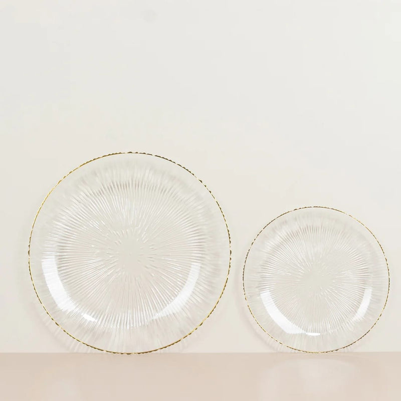 20 Round Plastic Salad Dinner Plates with Ribbed Pattern and Gold Rim - Clear