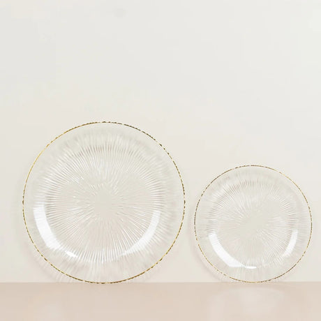 20 Round Plastic Salad Dinner Plates with Ribbed Pattern and Gold Rim - Clear