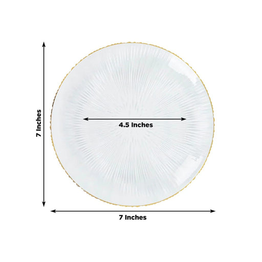 20 Round Plastic Salad Dinner Plates with Ribbed Pattern and Gold Rim - Clear