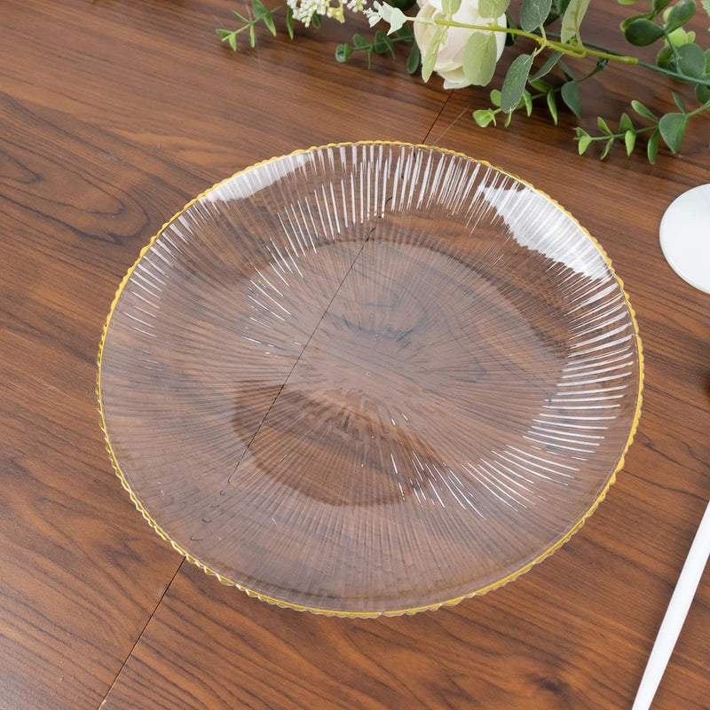 20 Round Plastic Salad Dinner Plates with Ribbed Pattern and Gold Rim - Clear