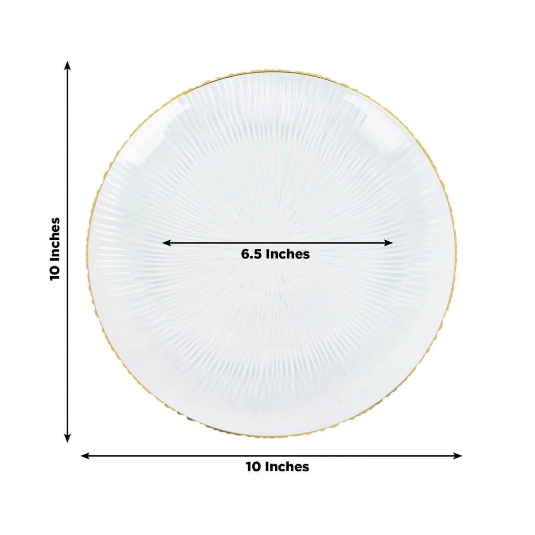 20 Round Plastic Salad Dinner Plates with Ribbed Pattern and Gold Rim - Clear