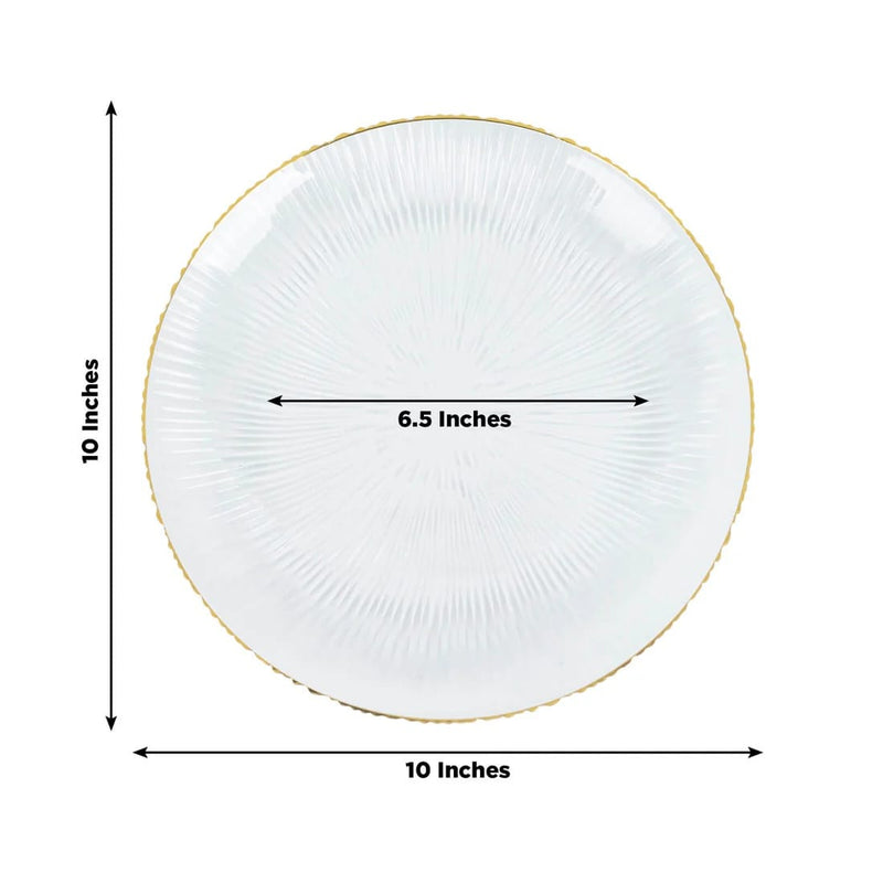 20 Round Plastic Salad Dinner Plates with Ribbed Pattern and Gold Rim - Clear