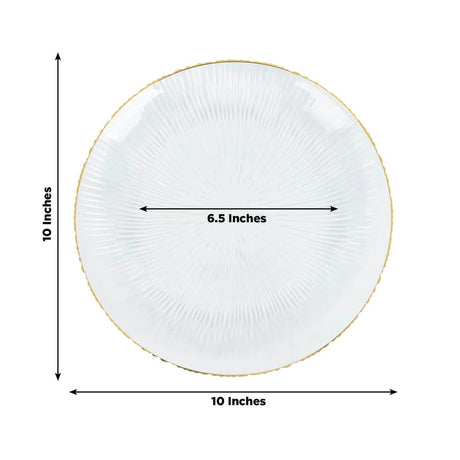 20 Round Plastic Salad Dinner Plates with Ribbed Pattern and Gold Rim - Clear