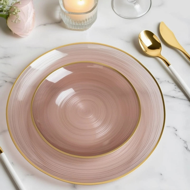 20 Round Salad Dinner Plastic Plates with Gold Rim