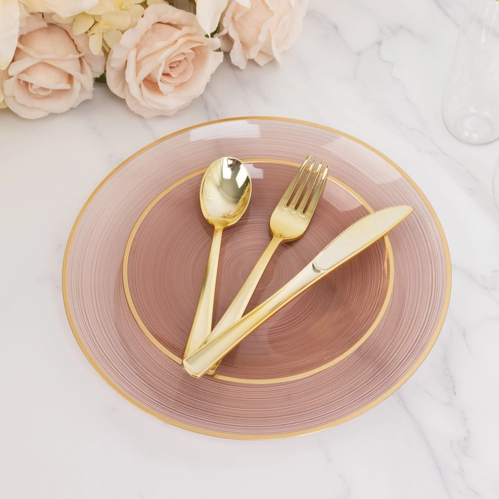 20 Round Salad Dinner Plastic Plates with Gold Rim