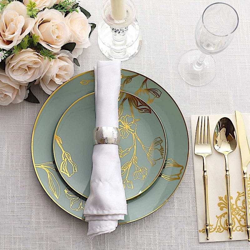20 Round White Plastic Salad and Dinner Plates with Gold Floral Design - Disposable Tableware