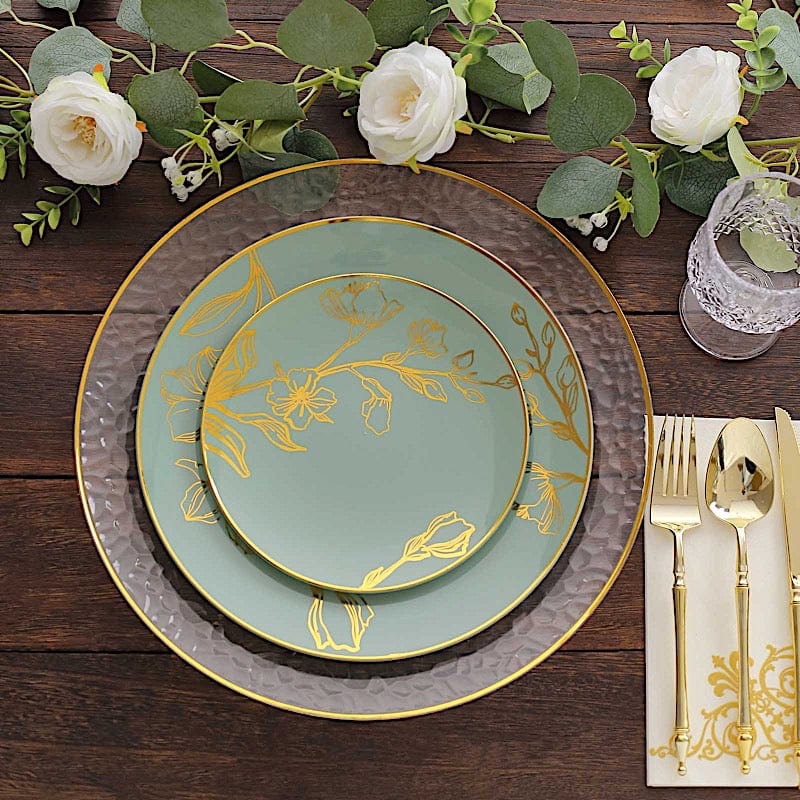 20 Round White Plastic Salad and Dinner Plates with Gold Floral Design - Disposable Tableware