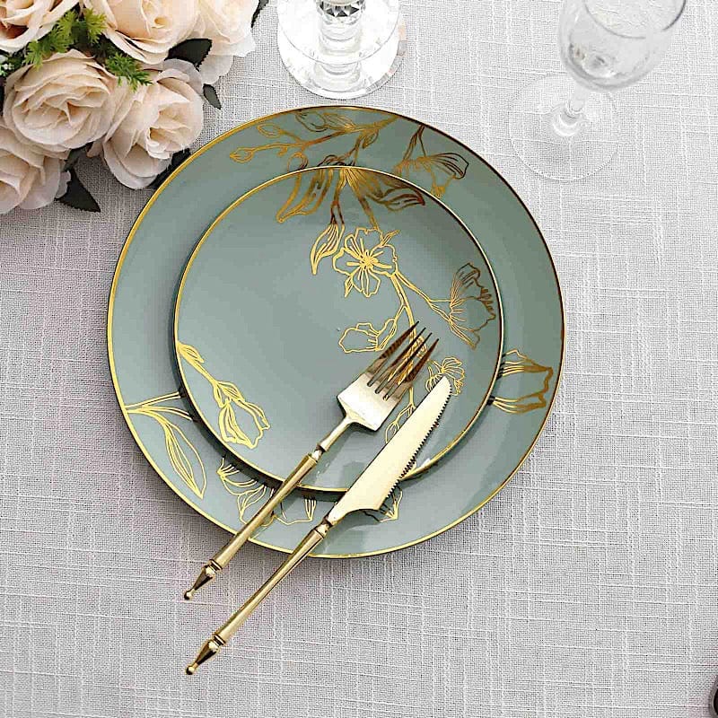 20 Round White Plastic Salad and Dinner Plates with Gold Floral Design - Disposable Tableware