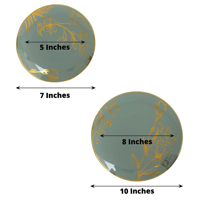 20 Round White Plastic Salad and Dinner Plates with Gold Floral Design - Disposable Tableware