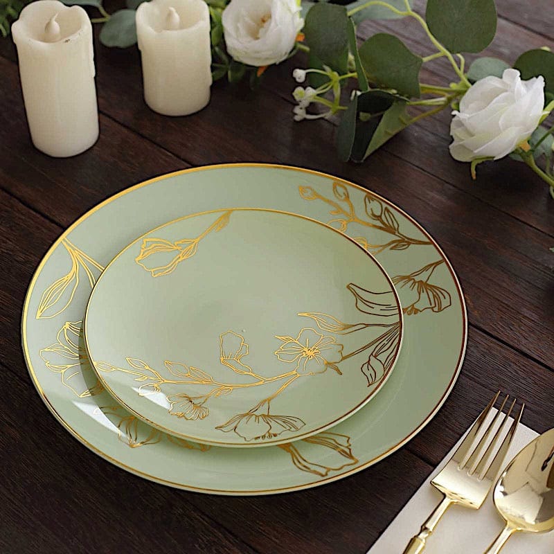 20 Round White Plastic Salad and Dinner Plates with Gold Floral Design - Disposable Tableware