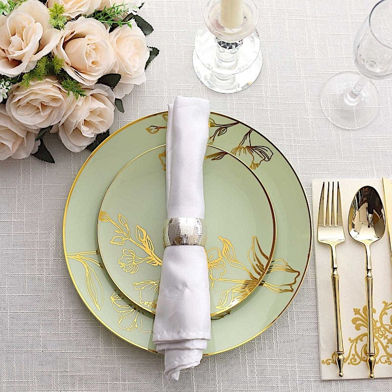 20 Round White Plastic Salad and Dinner Plates with Gold Floral Design - Disposable Tableware