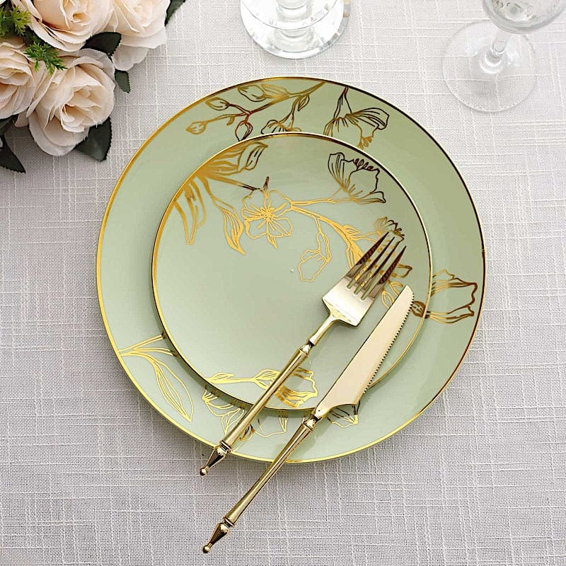 20 Round White Plastic Salad and Dinner Plates with Gold Floral Design - Disposable Tableware