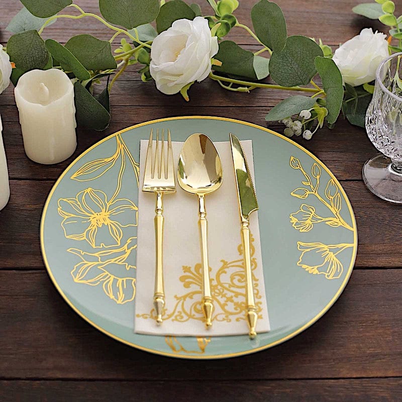 20 Round White Plastic Salad and Dinner Plates with Gold Floral Design - Disposable Tableware