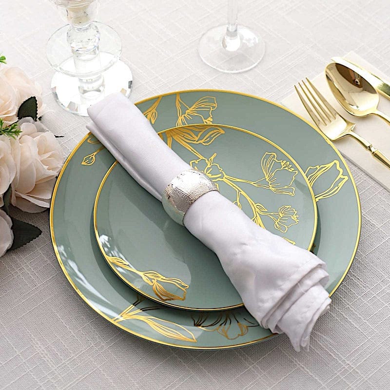 20 Round White Plastic Salad and Dinner Plates with Gold Floral Design - Disposable Tableware