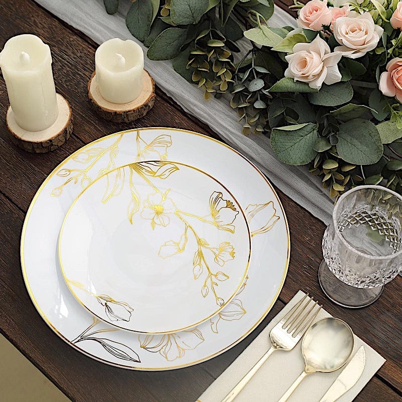 20 Round White Plastic Salad and Dinner Plates with Gold Floral Design - Disposable Tableware DSP_PLR0020_SET_WHGD