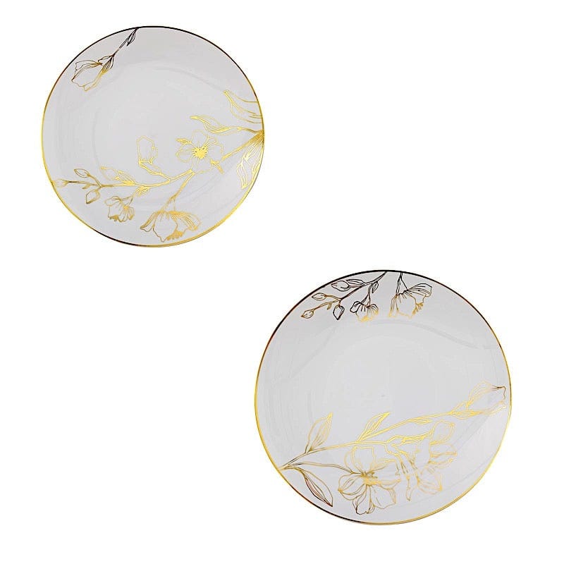 20 Round White Plastic Salad and Dinner Plates with Gold Floral Design - Disposable Tableware DSP_PLR0020_SET_WHGD