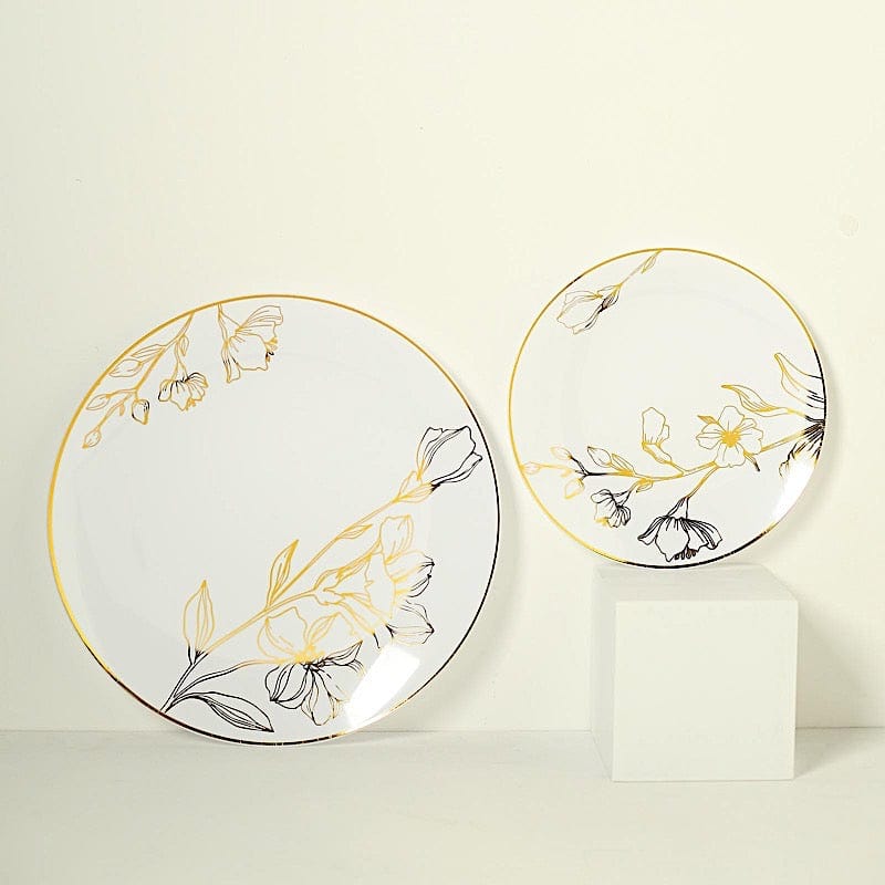 20 Round White Plastic Salad and Dinner Plates with Gold Floral Design - Disposable Tableware DSP_PLR0020_SET_WHGD