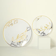 20 Round White Plastic Salad and Dinner Plates with Gold Floral Design - Disposable Tableware DSP_PLR0020_SET_WHGD