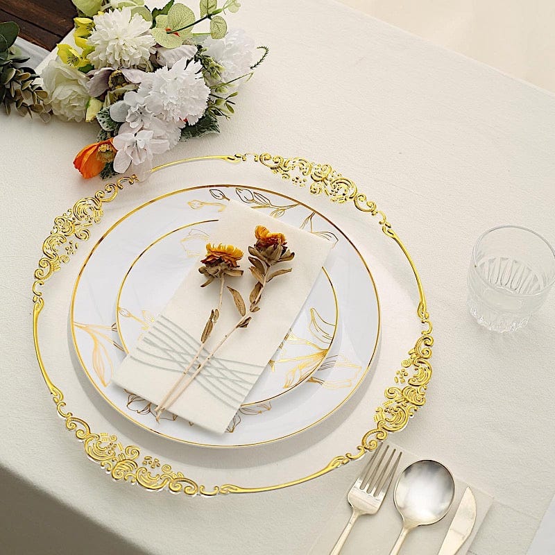 20 Round White Plastic Salad and Dinner Plates with Gold Floral Design - Disposable Tableware DSP_PLR0020_SET_WHGD