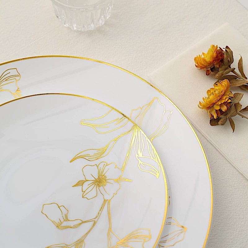 20 Round White Plastic Salad and Dinner Plates with Gold Floral Design - Disposable Tableware DSP_PLR0020_SET_WHGD