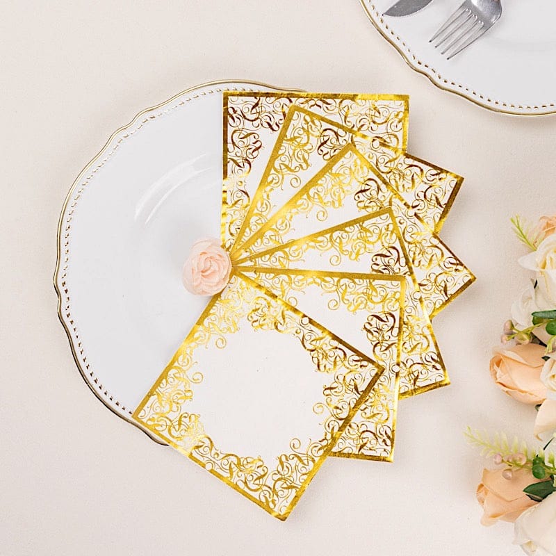 20 Soft Paper Beverage Napkins with Gold Foil Lace Design