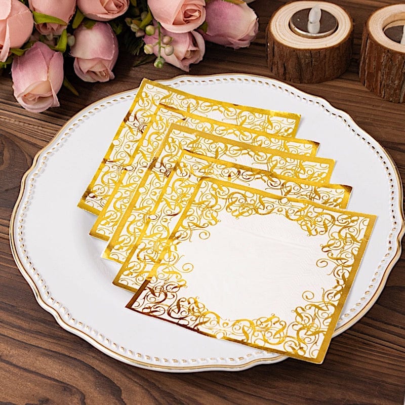 20 Soft Paper Beverage Napkins with Gold Foil Lace Design