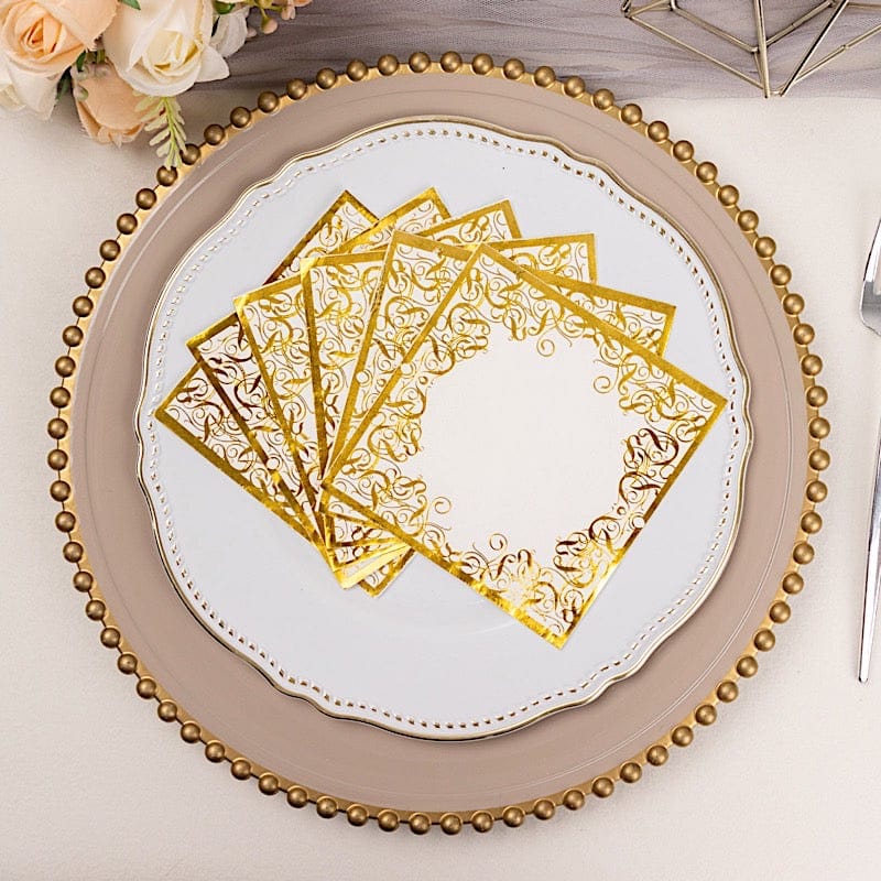 20 Soft Paper Beverage Napkins with Gold Foil Lace Design