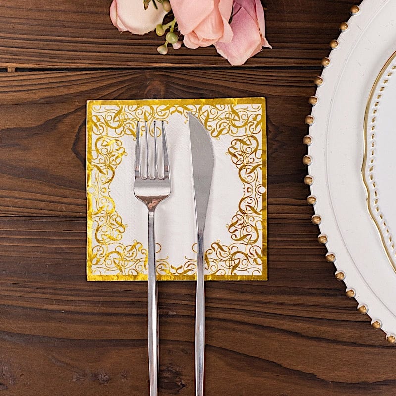 20 Soft Paper Beverage Napkins with Gold Foil Lace Design