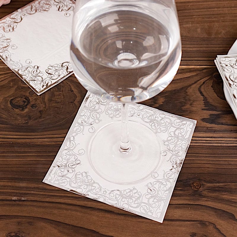 20 Soft Paper Beverage Napkins with Gold Foil Lace Design