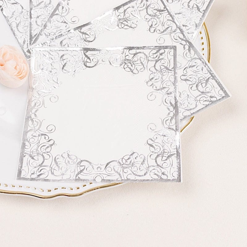 20 Soft Paper Beverage Napkins with Gold Foil Lace Design