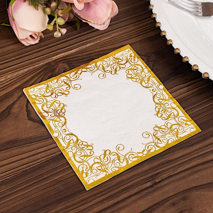 20 Soft Paper Beverage Napkins with Gold Foil Lace Design