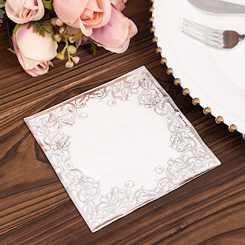 20 Soft Paper Beverage Napkins with Gold Foil Lace Design