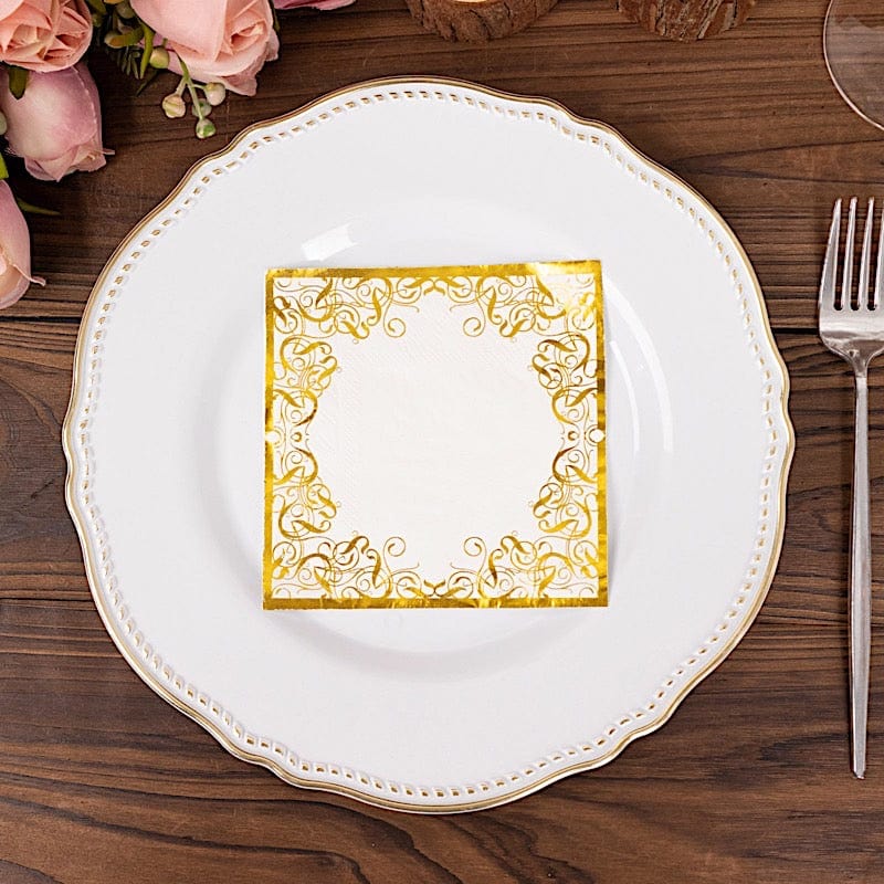 20 Soft Paper Beverage Napkins with Gold Foil Lace Design