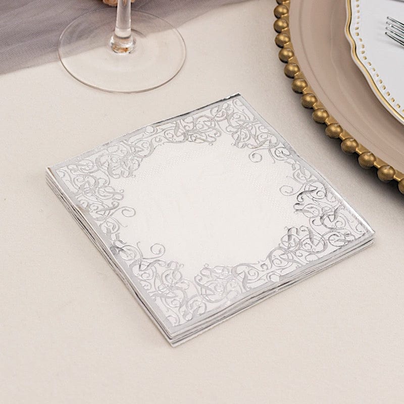 20 Soft Paper Beverage Napkins with Gold Foil Lace Design