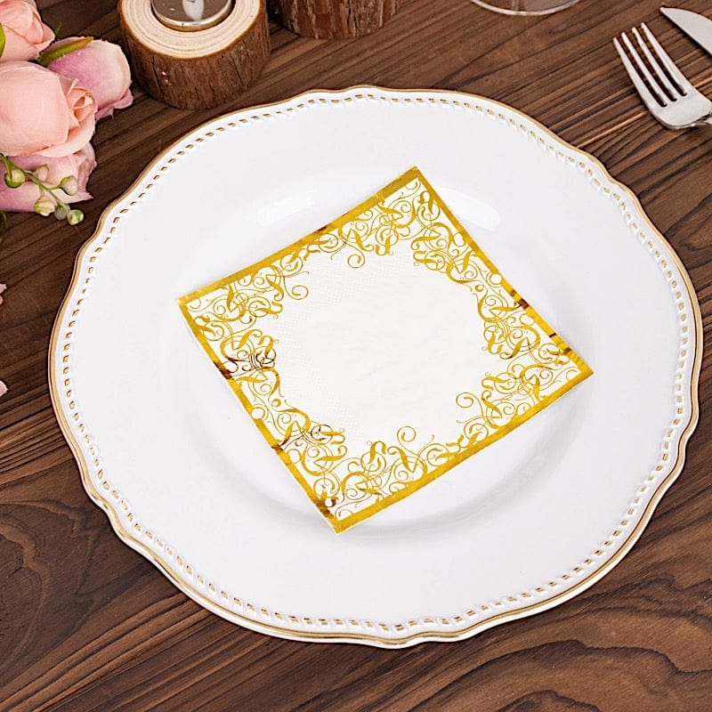 20 Soft Paper Beverage Napkins with Gold Foil Lace Design