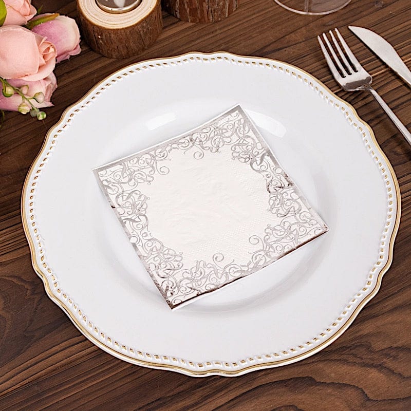 20 Soft Paper Beverage Napkins with Gold Foil Lace Design