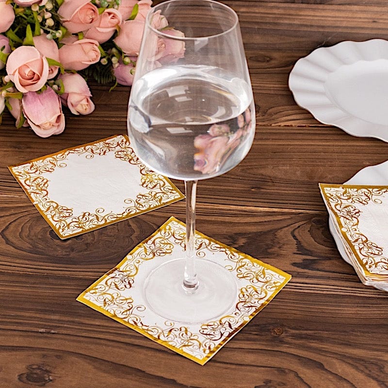 20 Soft Paper Beverage Napkins with Gold Foil Lace Design