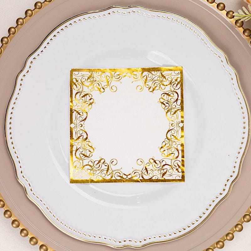 20 Soft Paper Beverage Napkins with Gold Foil Lace Design