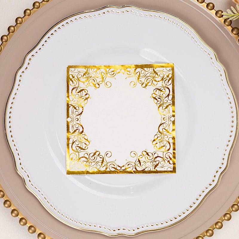 20 Soft Paper Beverage Napkins with Gold Foil Lace Design