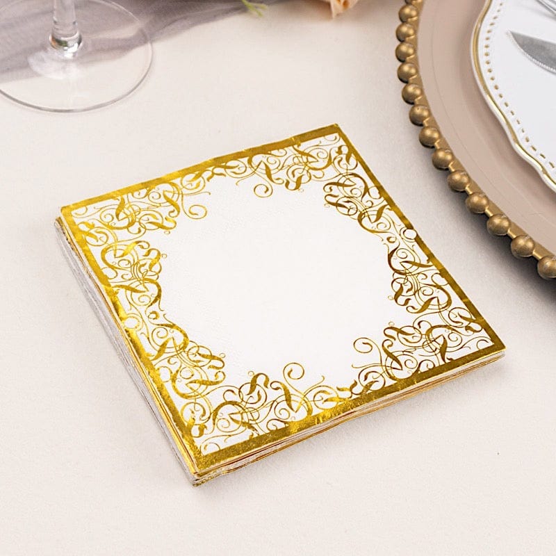 20 Soft Paper Beverage Napkins with Gold Foil Lace Design