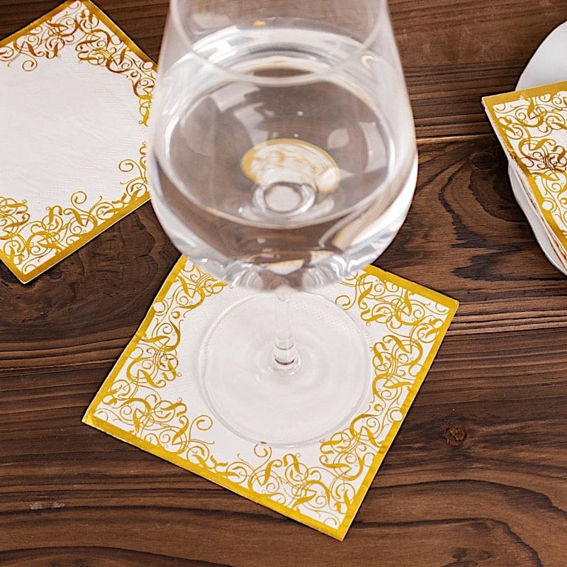 20 Soft Paper Beverage Napkins with Gold Foil Lace Design